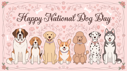 Fototapeta premium Whimsical watercolor illustration celebrating diverse breeds on festive floral background with stylized dogs varied _ National Dog Day