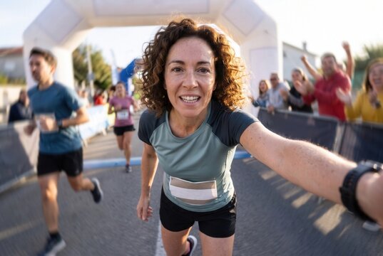 Woman athlete celebrating success, smiling at camera after finishing a marathon race