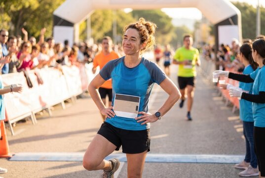 Happy woman smiling after running a marathon, reaching the finish line