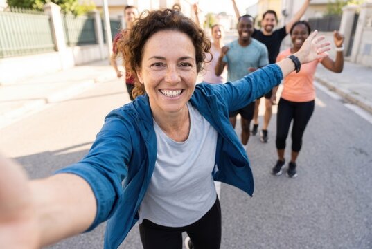 Diverse group of smiling friends running together, enjoying an active lifestyle