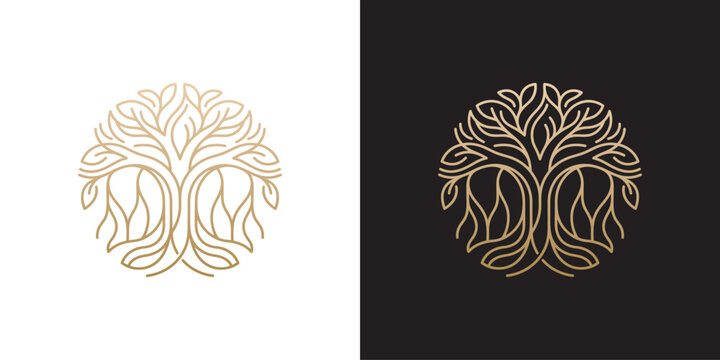 Elegant gold line art tree of life logo concept for wellness branding featuring circular roots and branches on black and white backgrounds