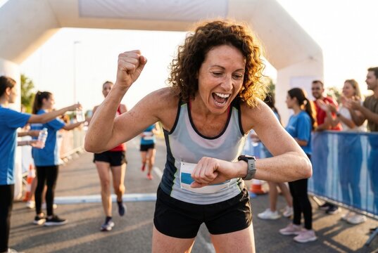 Excited female runner raising fist after crossing the finish line