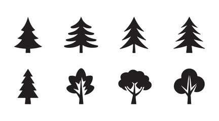 Set of various coniferous tree icons flat black silhouettes collection on a transparent background file. © Md