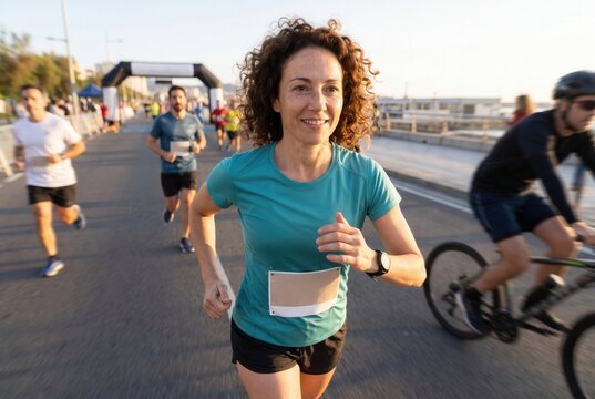 Woman participating in a city marathon event, smiling and running with determination among other athletes