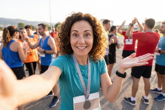 Happy woman wearing medal and smiling at camera after finishing a marathon event