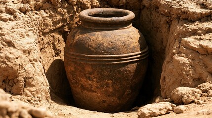 Naklejka premium Ancient ceramic latrine unearthed with clear strata marks, soft daylight, historical evidence of daily life