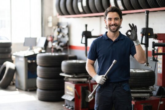 Service technician standing in garage holding lug wrench and making ok gesture