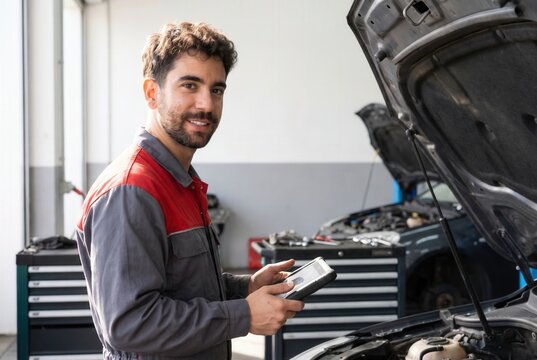 Skilled mechanic in work uniform performing vehicle diagnostic service with digital tablet in garage