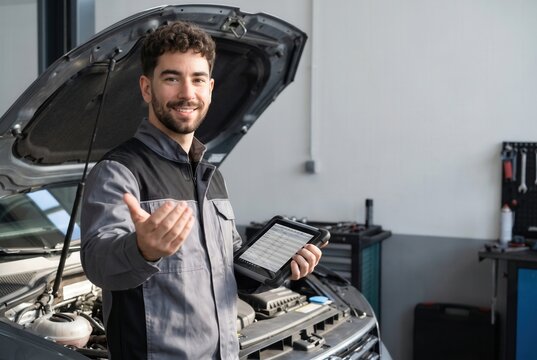 Auto mechanic holding a tablet with system information, offering a professional car service
