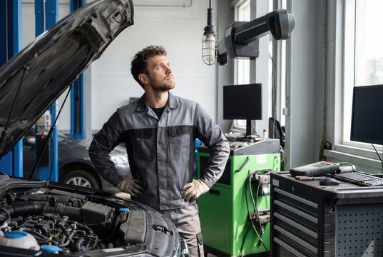 Male technician standing next to open car hood, looking up and thinking