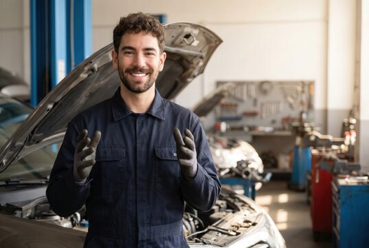 Mechanic in uniform and gloves standing in a car service garage