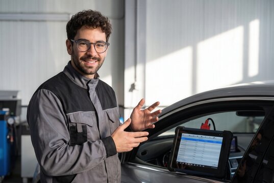 Automotive technician explaining diagnostic results on a tablet in a garage