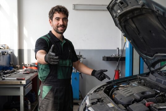 Auto mechanic smiling, giving thumbs up, and pointing at an open car engine bay