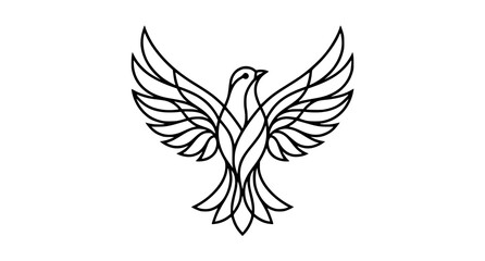 Fototapeta premium Minimalist line art illustration of a soaring dove or phoenix bird with spread wings isolated on white