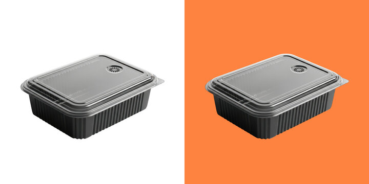 Black plastic take away food container with lid for meal delivery or food storage shown from an isometric perspective view