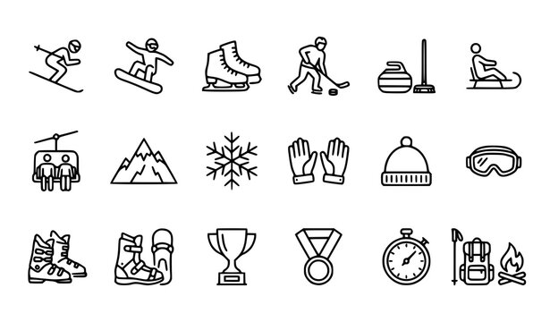 Set of hand drawn winter sports icons featuring skiing snowboarding ice skating hockey curling and mountain activities