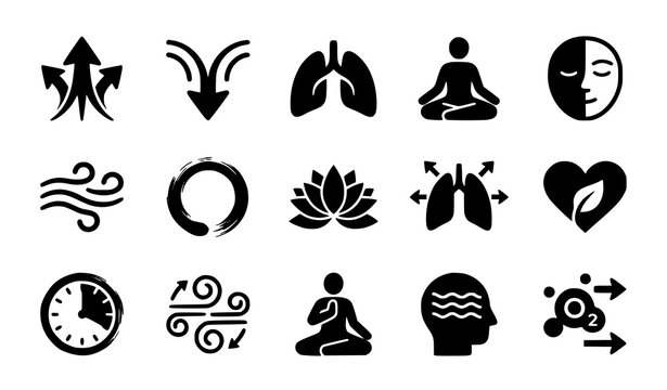 Set of black and white icons representing breathing exercises meditation mindfulness relaxation and healthy respiratory system
