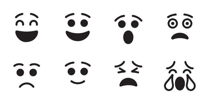 Set of simple black vector icons featuring various facial expressions depicting human emotions isolated.