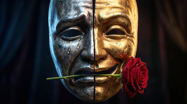 Comedy Tragedy Theater Masks Fused One Face Split Middle Gold Smile Silver Tear Red Rose Macro Duality Emotion