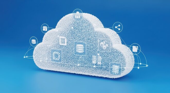 Futuristic cloud with blockchain symbols representing secure data storage and digital technology innovation.
