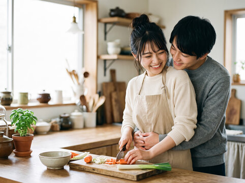 木のカウンターキッチンで夫に後ろから包み込まれニンジンを切る女性