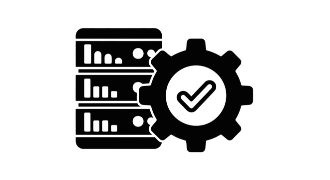 Vector illustration of server configuration icon with gear and checkmark symbol on a transparent background