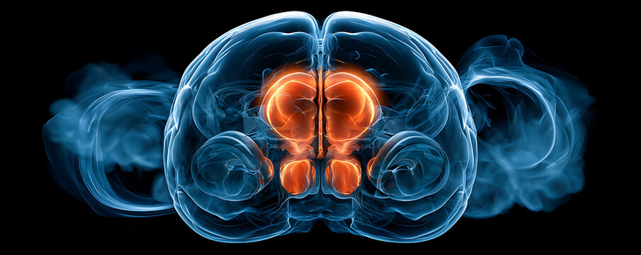 3d illustration of human brain anatomy with highlighted thalamus and hypothalamus structures, deep brain structures, medical visualization