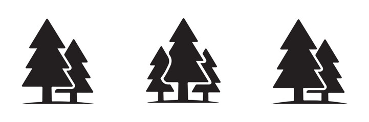Set of three stylized black silhouette groups of three coniferous evergreen trees, different styles. © Md
