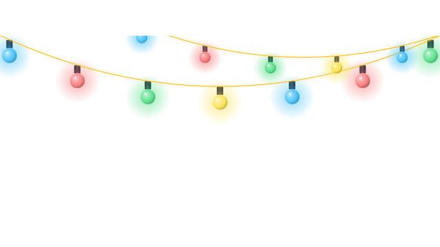 Colorful hanging string lights with glowing bulbs for festive holiday decoration and party celebration design isolated on transparent background