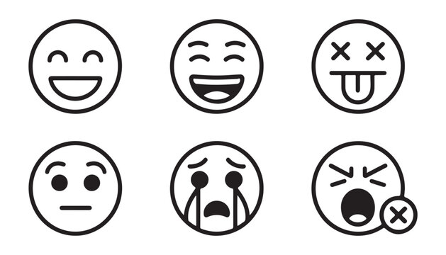 Detailed line art emoticons collection featuring laughing crying and tongue out facial expressions set.