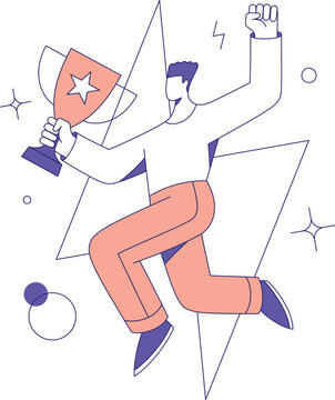 Celebrating success joyful winner with trophy isolated on transparent background