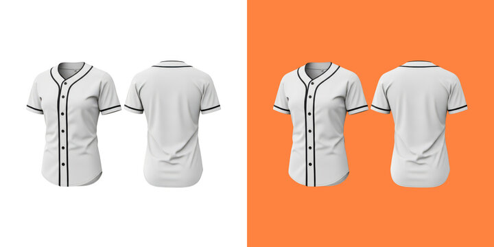 Front and back view of a white baseball jersey shirt with black stripes for sports team uniform design and clothing mockup