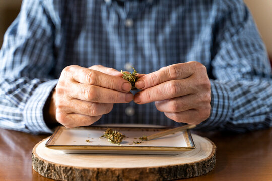 Senior man at home rolling marihuana joint
