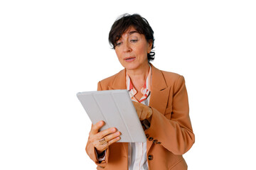 Obraz premium Professional businesswoman using a digital tablet for work, managing business and communicating on transparent background