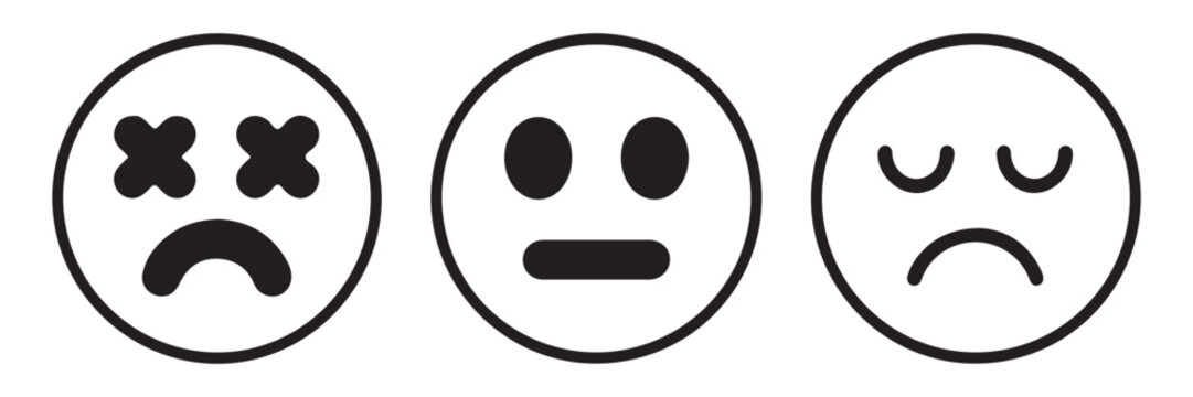 Three minimal line art emoji icons showing dizzy neutral and disappointed facial expressions for apps.