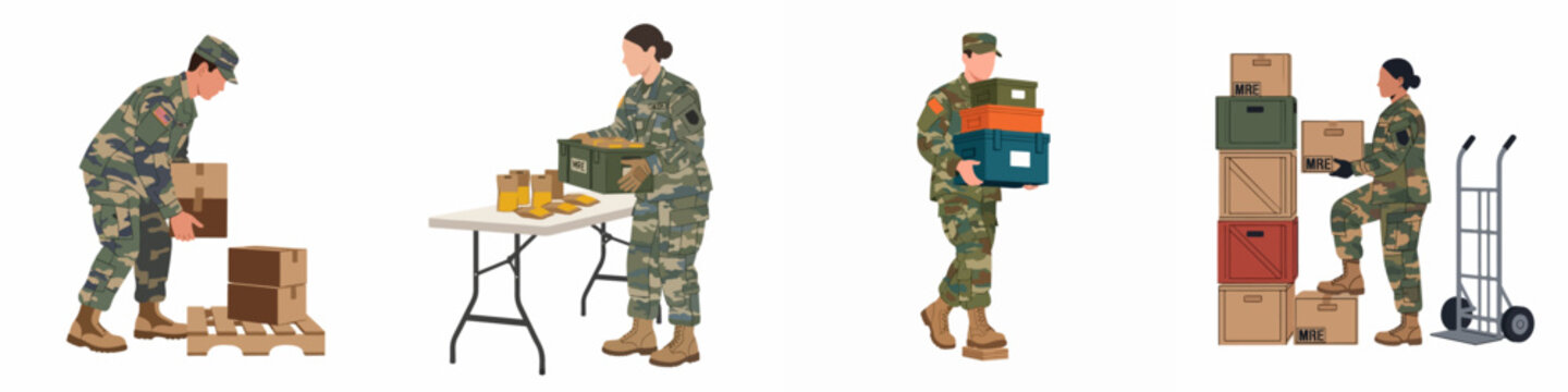 Military personnel in camouflage uniforms managing logistics, organizing MRE rations and carrying supplies for humanitarian aid or deployment, flat vector illustration.