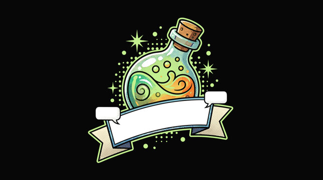 Magical Potion Bottle with Blank Banner and Stars
