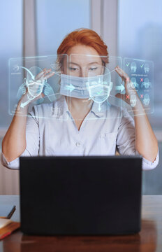 Doctor using holographic instruction to wear protective mask