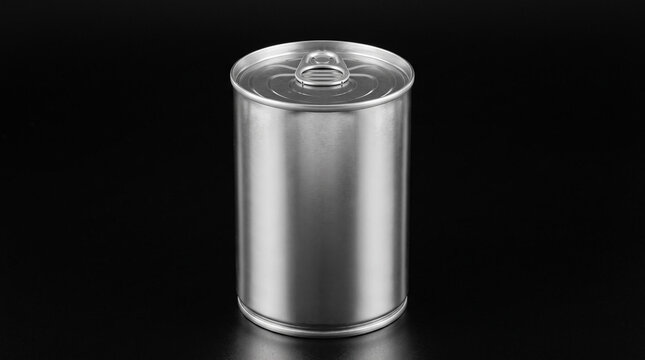Blank silver aluminum tin can on a black background.