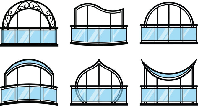 Modern glass balcony railing set with black metal frames, collection of 6 architectural terrace fence designs, contemporary glass balustrade vector icons