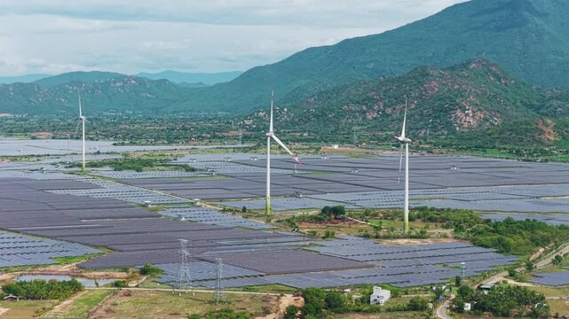 Aerial view of wind turbines and solar farm at Dam Nai Khanh Hoa Vietnam