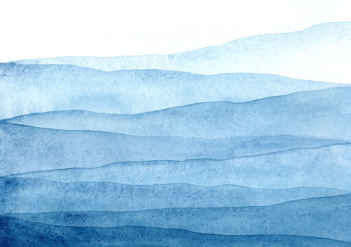 Abstract blue watercolor painting depicts a serene mountain landscape