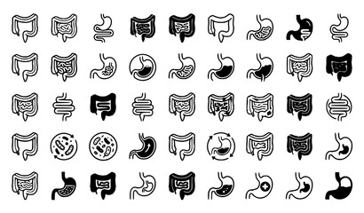 Fototapeta premium Digestive System Icon Set with Stomach, Intestines, Gut Health Bacteria, and Gastroenterology Symbols for Medical and Healthcare Designs
