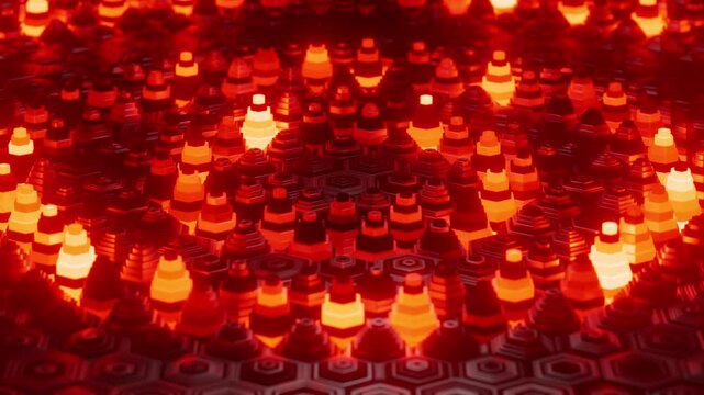 Glowing red hexagonal pillars undulating in a circular wave pattern across an abstract dark surface. Looped 3D rendering