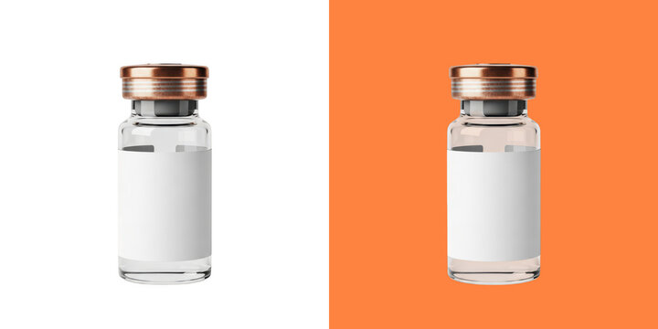 Medical glass vial with a metal cap and a blank white label for medicine vaccine or liquid pharmaceutical drug packaging