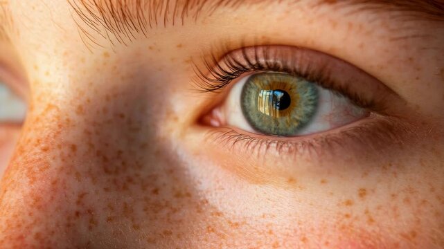 High resolution of an eye with distinct flecks and variations in color on the iris. The the intricate details of the eye's texture and structure.