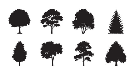 Collection of black silhouettes of trees including deciduous and coniferous types. © Md