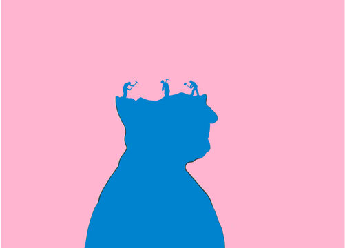 Illustration of workers symbolizing Alzheimers disease digging in head of elderly man