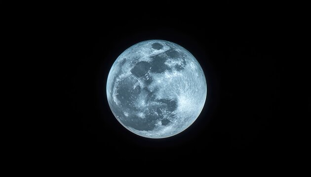 Luminous Blue Full Moon Isolated on Dark Black Background for Astronomy, Night Sky, and Space Concept