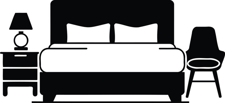 Black silhouette icon of a hotel bedroom interior with bed and lamp, bedroom set